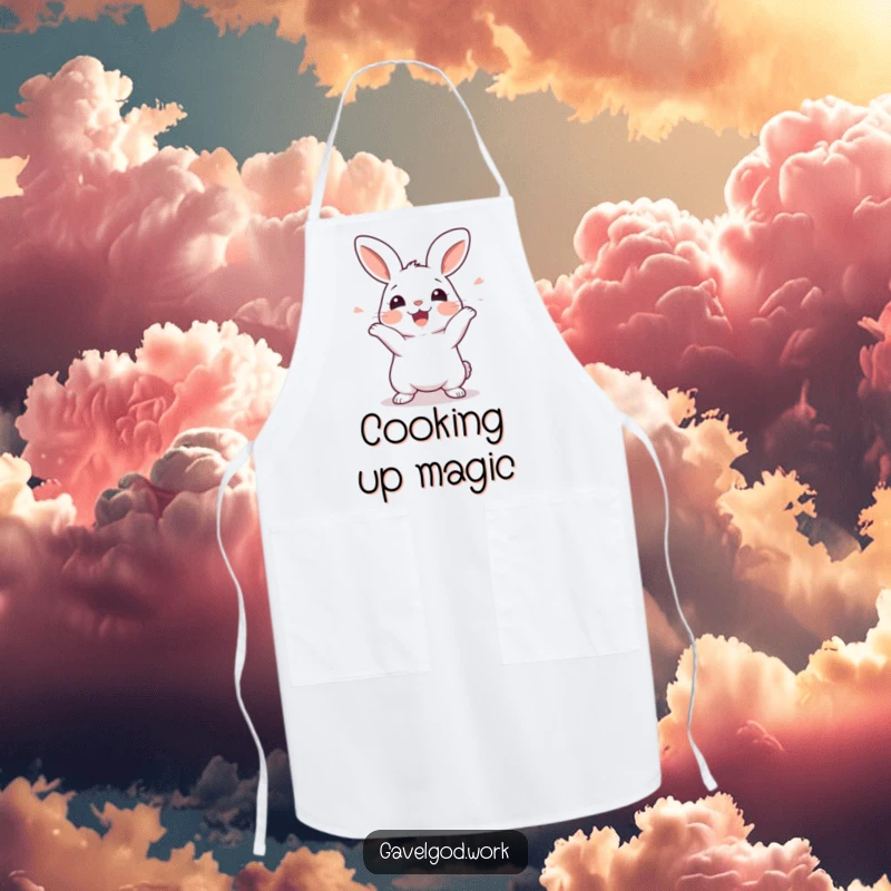 Funny kawaii rabbit apron showing a happy rabbit wiggling with excitement, ready to whip up a delicious meal.