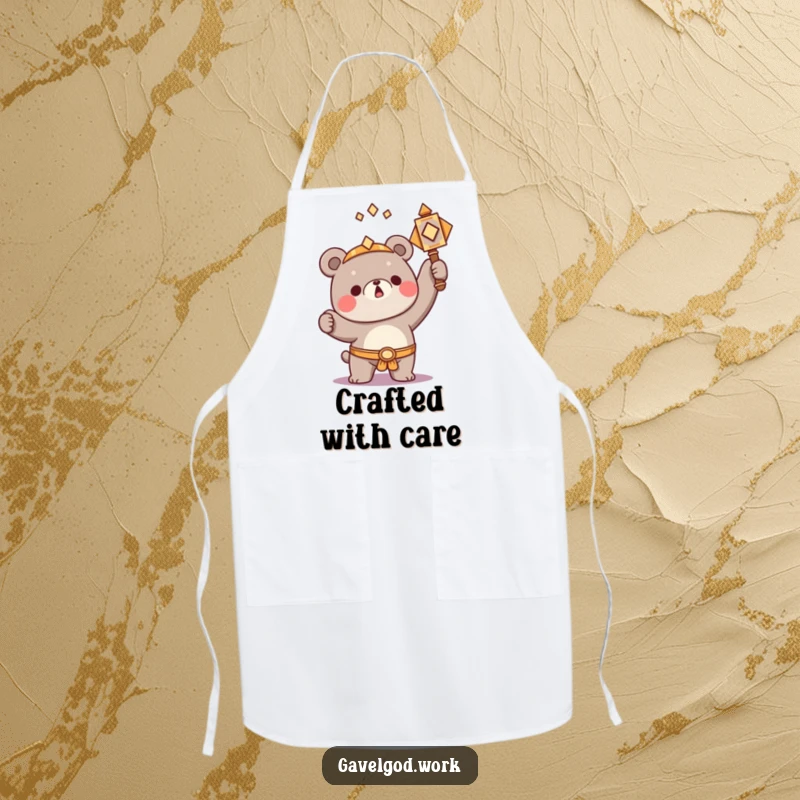 Funny Kawaii bear character triumphantly raising a small, ornate hammer, a humorous and motivational kitchen apron.