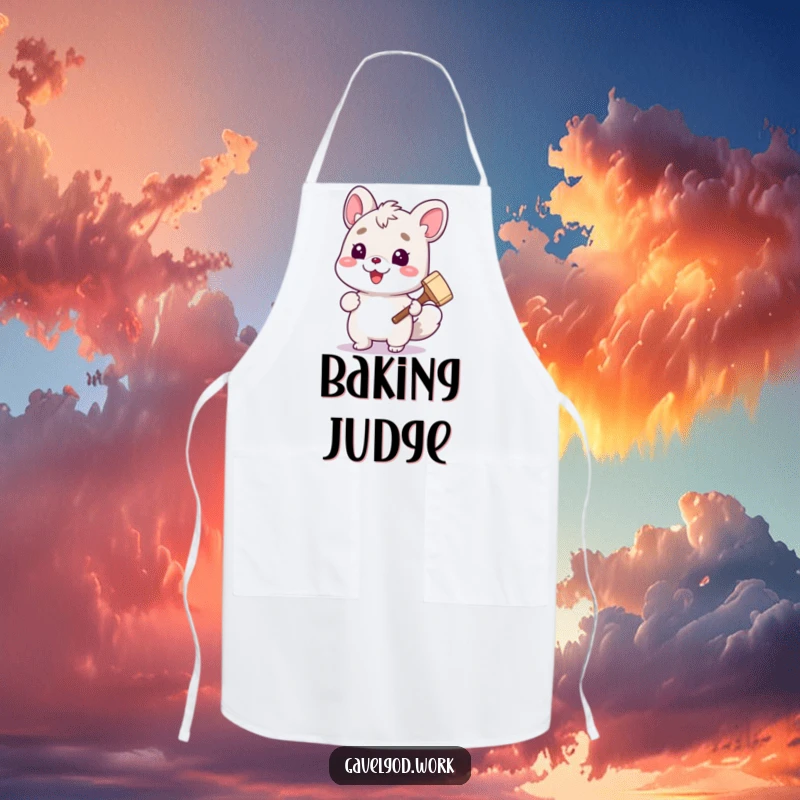 Funny cute animal character holding a tiny gavel on a durable and humorous cooking funny apron.