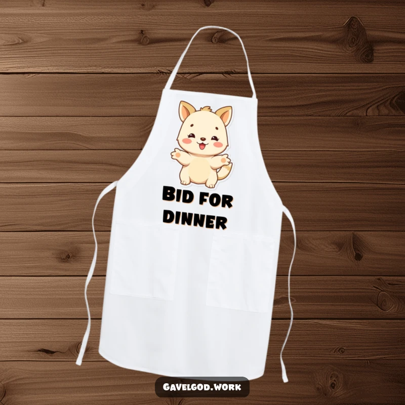 Funny happy animal character with outstretched paws, offering a bid on a durable and humorous cooking funny apron.