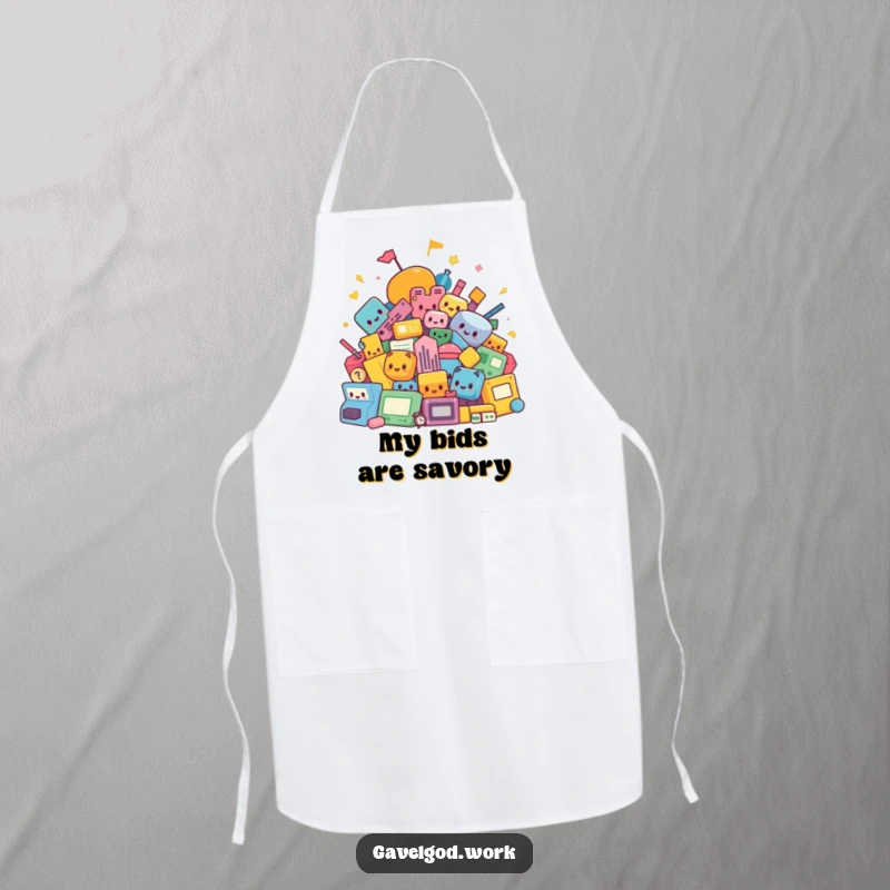 Funny kawaii auction shapes apron, showing a colorful abstract pile of bidding items, perfect for chefs who love art and humor.