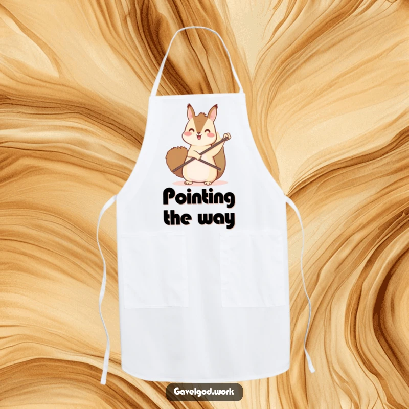 Funny kawaii squirrel apron showing a busy squirrel pointing upwards with a small paddle, ready to cook.
