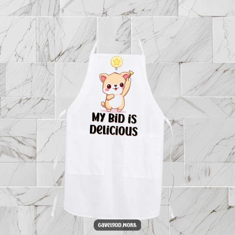 Funny kawaii animal apron depicting a cute character holding a tiny, glowing bidding paddle aloft, great for chefs with auction spirit.