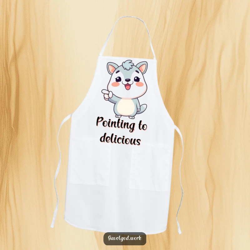 Funny animal character with a broad smile, pointing enthusiastically on a durable and humorous cooking funny apron.