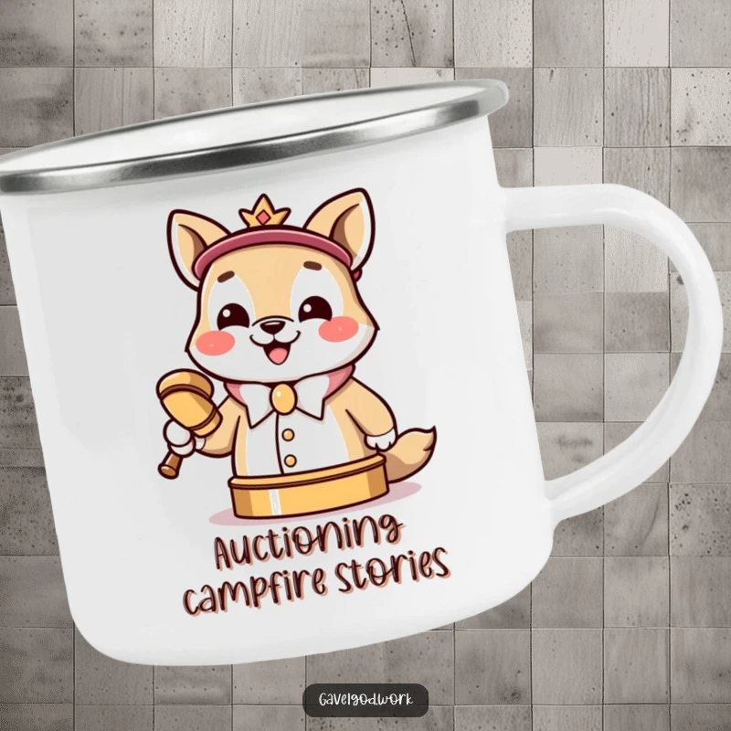 Funny Kawaii animal auctioneer camping mug, grinning and slamming a tiny gavel, ready for outdoor business.