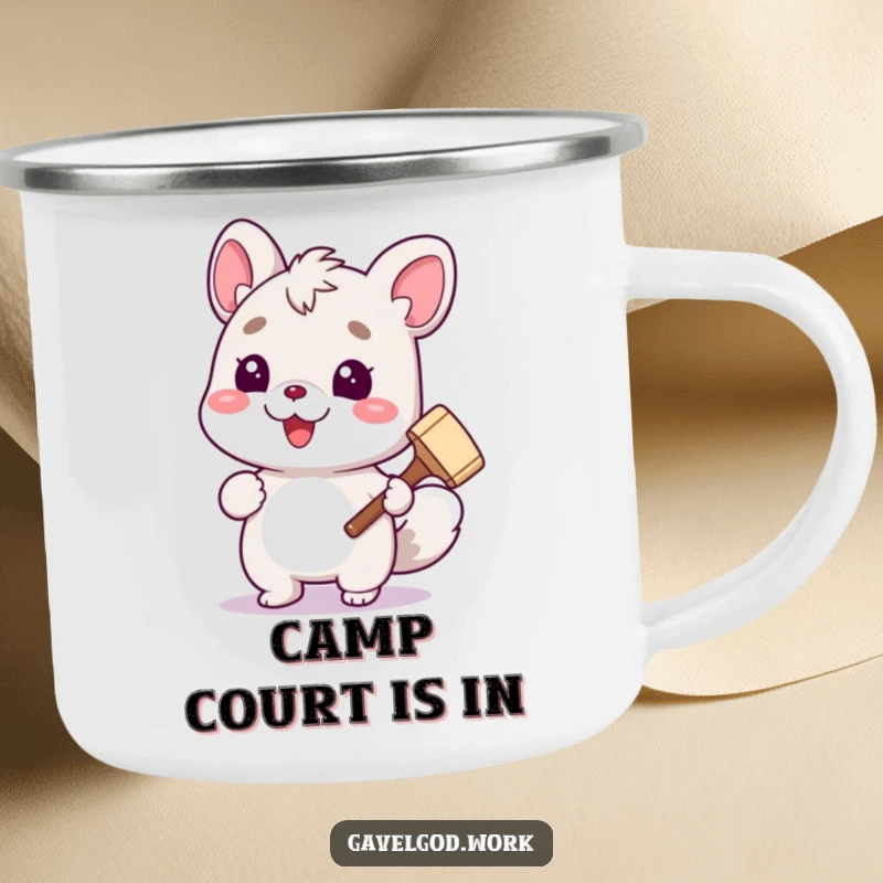 Funny cute animal character holding a tiny gavel on a durable enamel camping mug, perfect for outdoor legal humor.