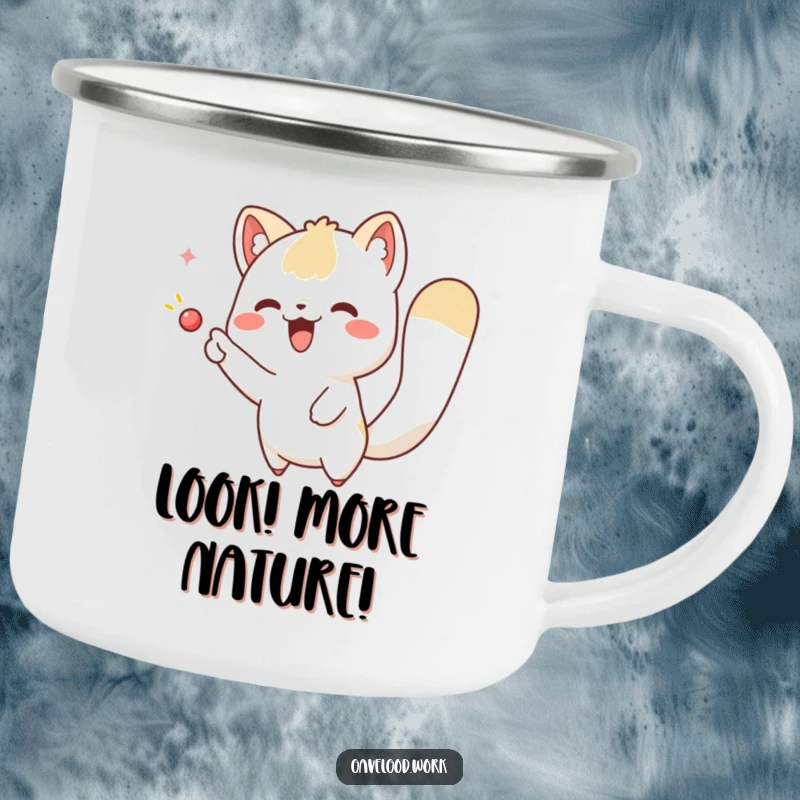 Funny kawaii animal camping mug with an excited creature pointing at an imaginary object, ready for outdoor adventures and hot beverages.