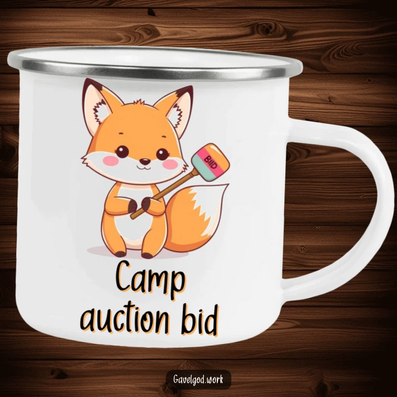 Funny Kawaii Fox Camping Mug: A fox holds a bidding paddle, ready to bid, enamel mug for campers.