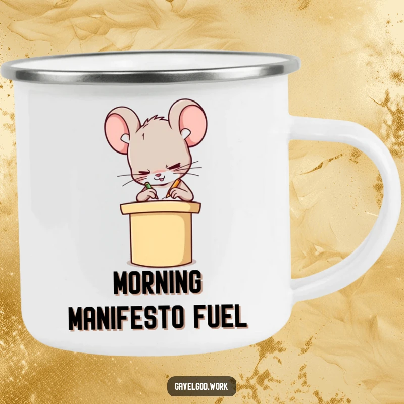 Funny Kawaii mouse character scribbling on a tiny podium, a durable and humorous camping mug for adventurers.