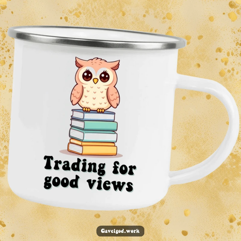 Funny kawaii owl camping mug showing a cute owl perched on tiny auction lots, watching over the wilderness.