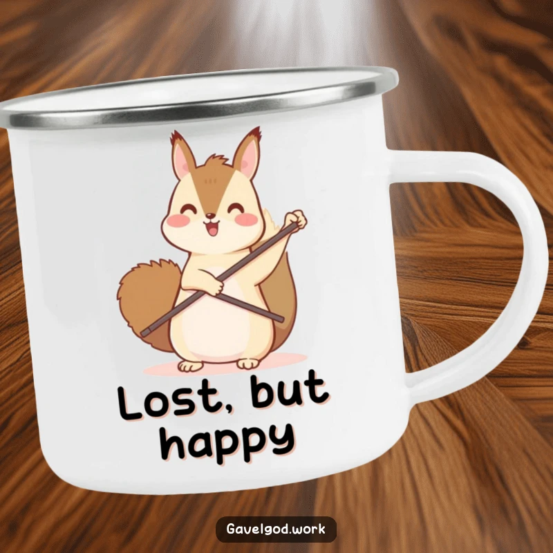 Funny kawaii squirrel camping mug showing an excited squirrel pointing upwards with a tiny paddle, ready for adventure.