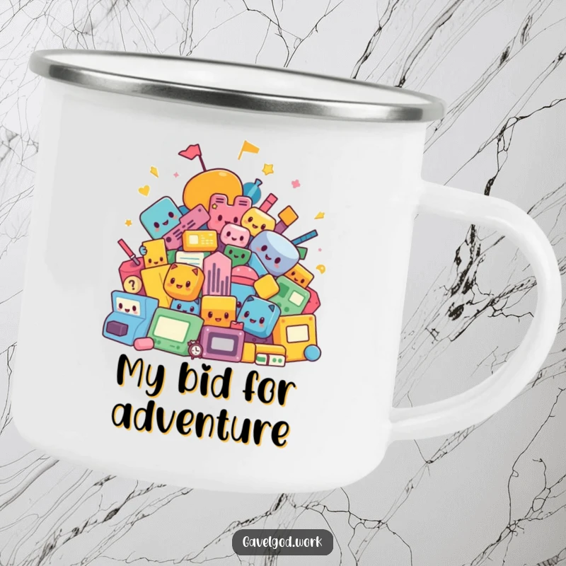 Funny kawaii auction shapes camping mug with a colorful abstract pile of items, perfect for outdoor adventures and art enthusiasts.