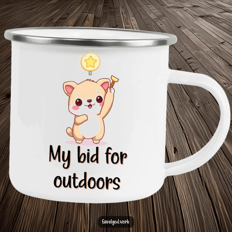 Funny kawaii animal camping mug with a cute character holding a tiny, glowing bidding paddle aloft, ready for outdoor auctions.