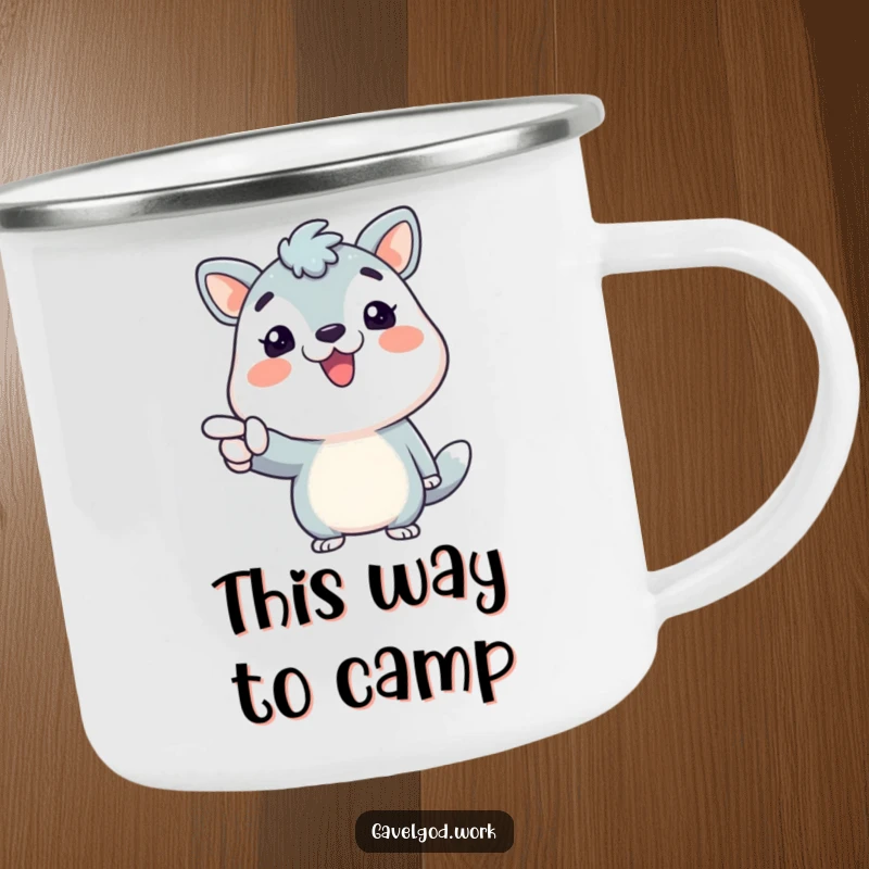 Funny animal character pointing enthusiastically on a durable enamel camping mug, perfect for motivational outdoor fun.