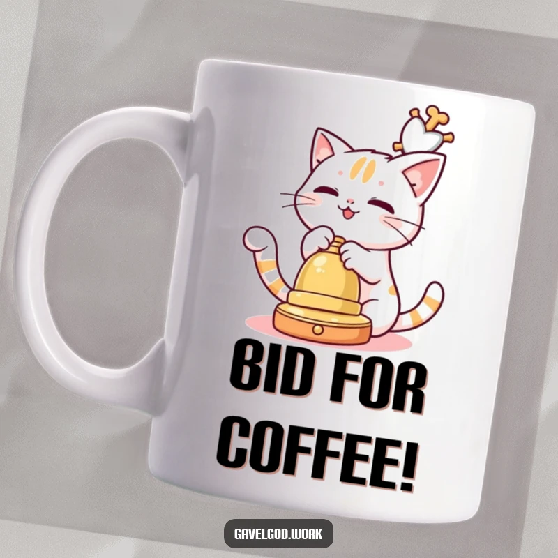 Funny Kawaii cat playfully batting at a dangling auction bell, a humorous mug for feline enthusiasts.