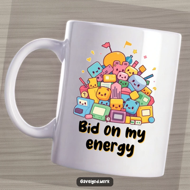 Funny kawaii auction shapes mug with a pile of colorful abstract items, excitedly representing a chaotic bidding event. Makes a great gift.