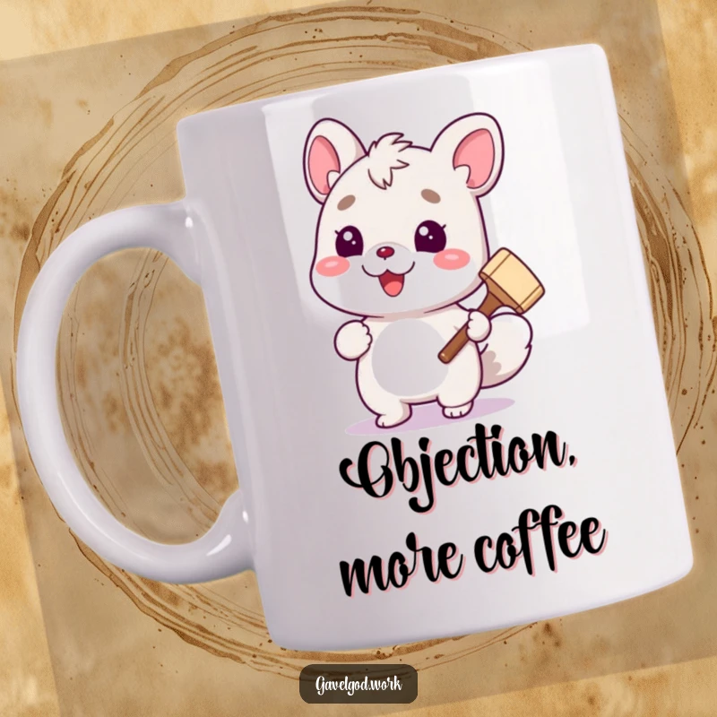 Funny cute animal character with a cheerful expression, holding a tiny gavel, ready to deliver humorous justice on a mug.