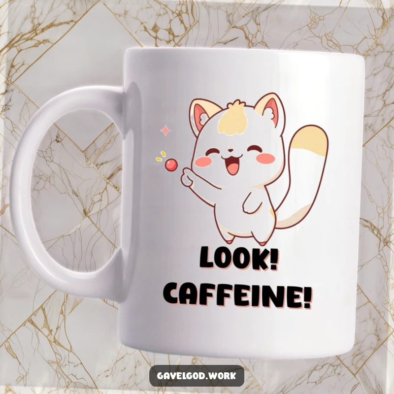 Funny kawaii animal mug, excitedly pointing towards an imaginary object, capturing a moment of curious surprise and whimsical delight. Great gift.