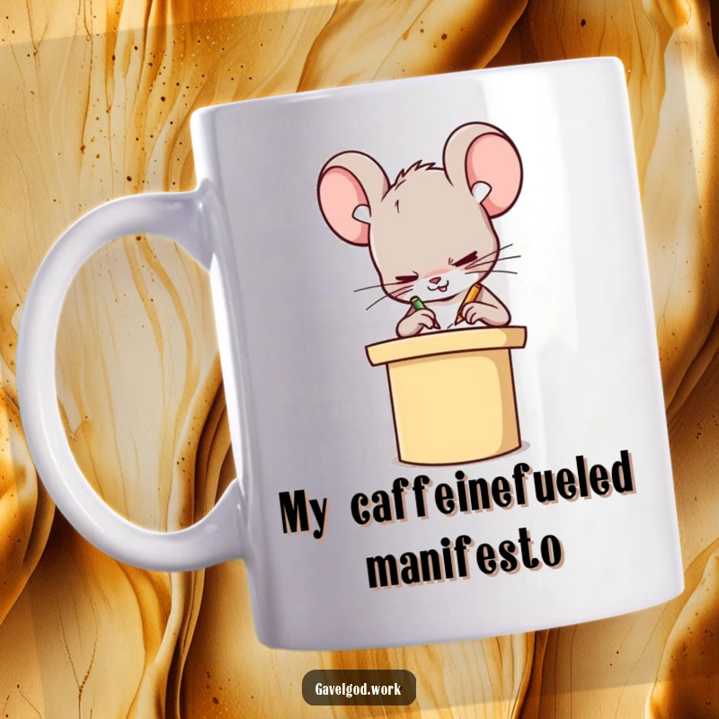 Funny Kawaii mouse character furiously scribbling notes on a miniature podium, embodying intense focus and comedic dedication.