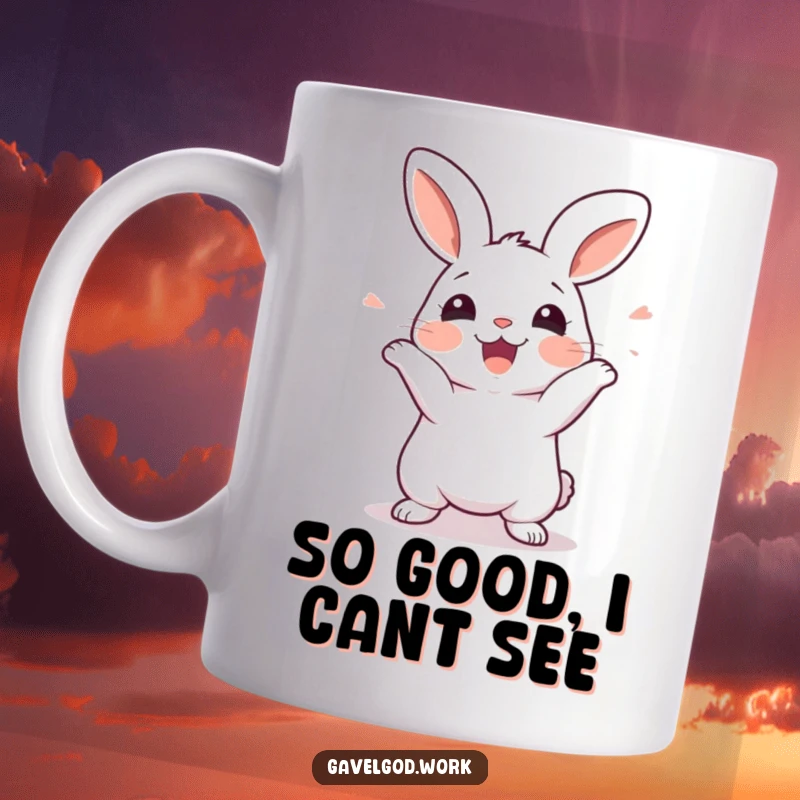 Funny kawaii rabbit mug shown wiggling its body excitedly in anticipation of something unseen, full of glee.