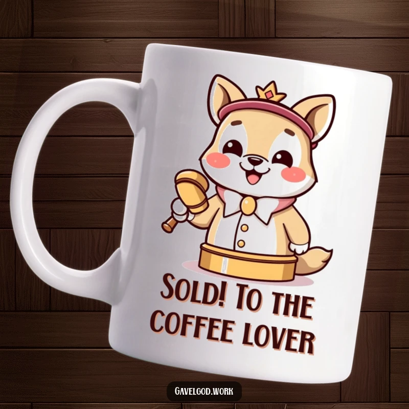 Funny Kawaii animal auctioneer mug, cheerfully grinning, slamming a tiny gavel, a humorous scene of commerce.