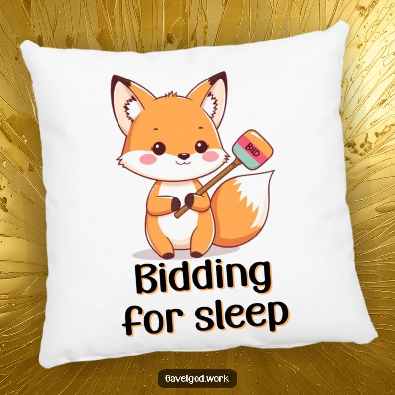 Funny Kawaii Fox Pillow: A fox holds a bidding paddle, ready to bid, soft cushion for collectors.
