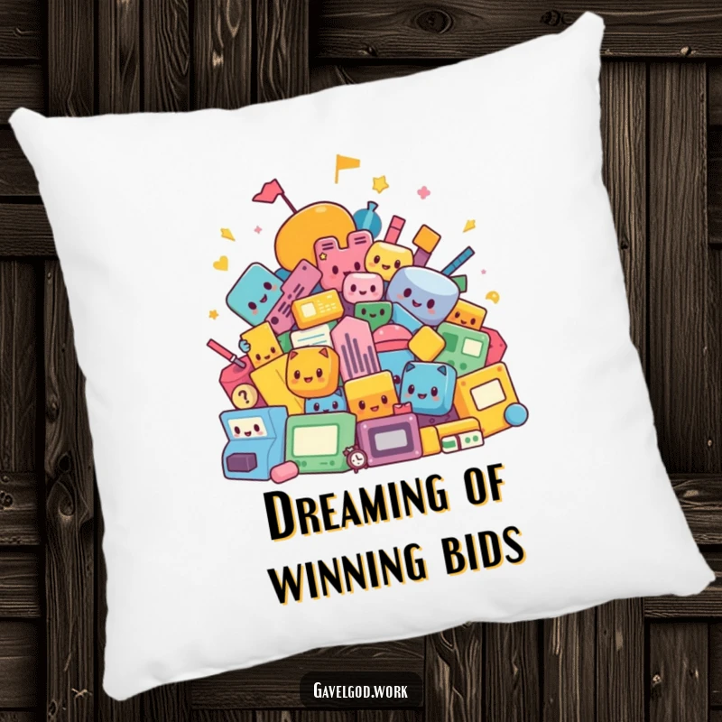 Funny kawaii auction shapes pillow, featuring a cozy pile of abstract items, perfect for adding comfort and humor to any seating area.