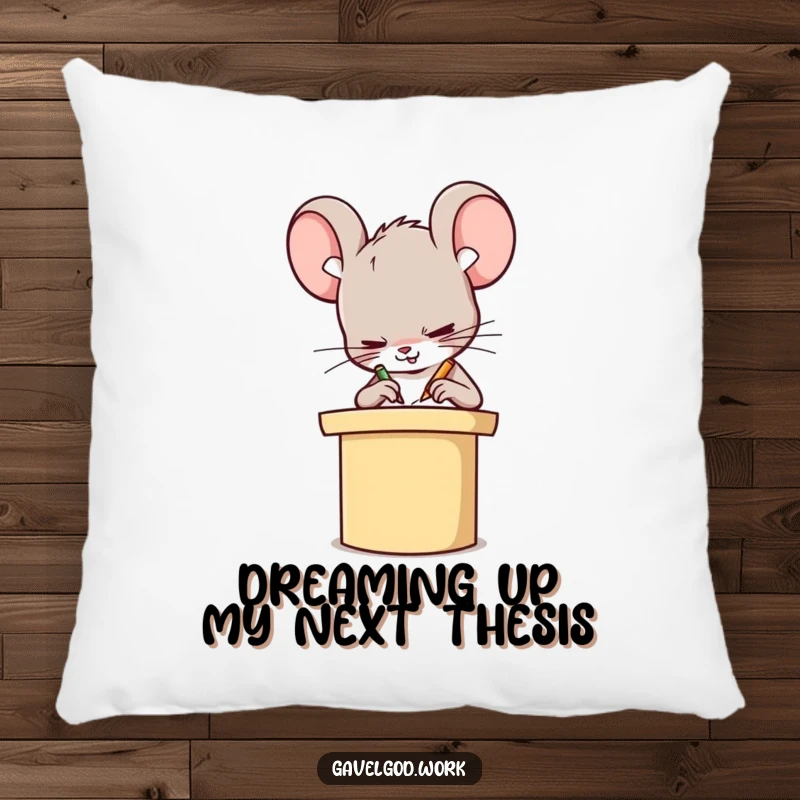 Funny Kawaii mouse character scribbling intensely on a tiny podium, offering a humorous and comfortable accent pillow.