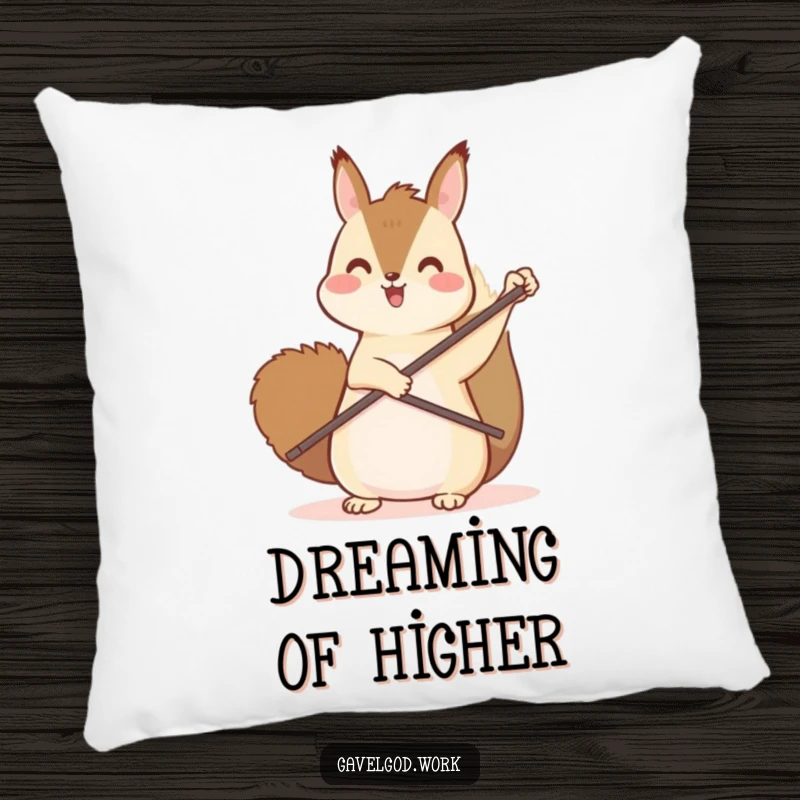 Funny kawaii squirrel pillow featuring a cute squirrel enthusiastically pointing upwards with its tiny paddle, promoting cheerfulness.