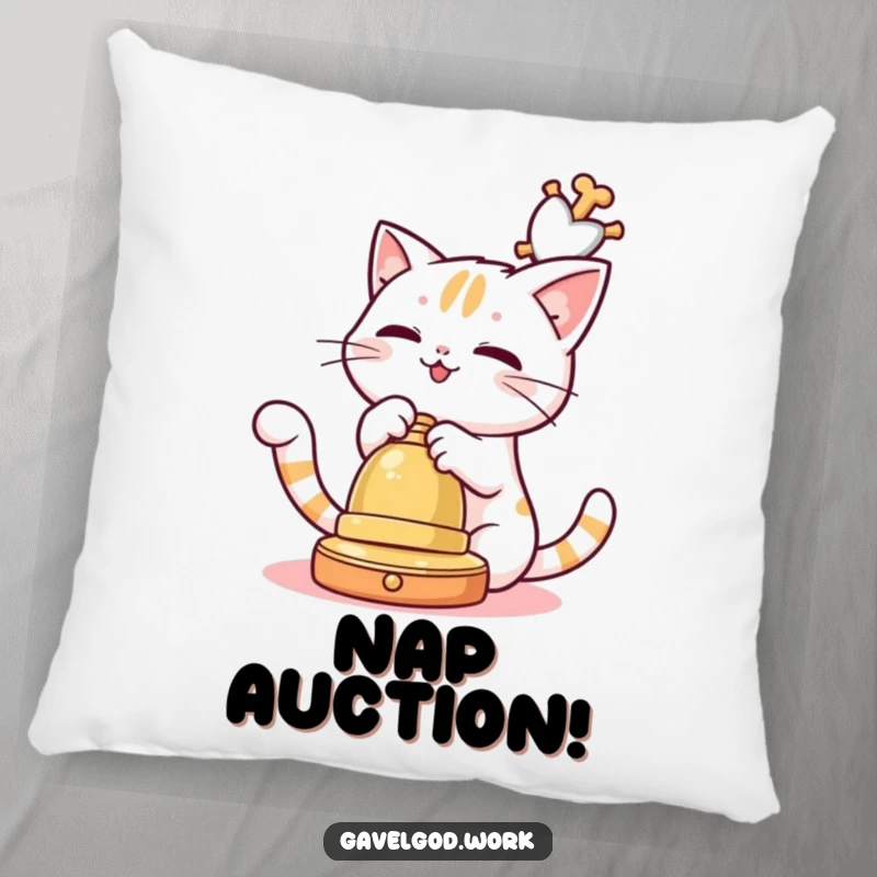 Funny Kawaii cat playfully batting at an auction bell, a soft and humorous decorative pillow.