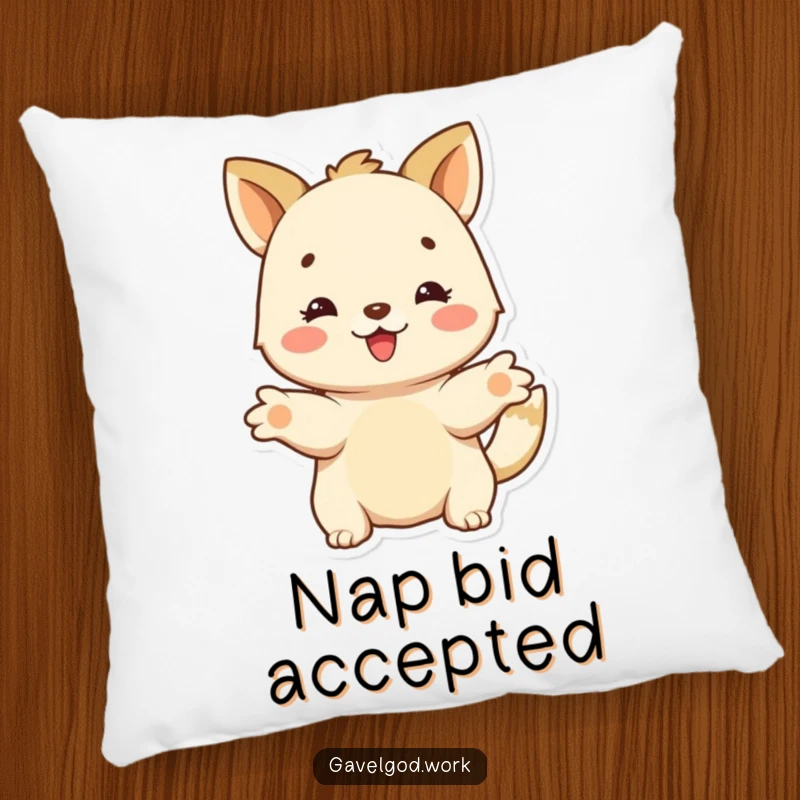 Soft, funny pillow featuring a happy animal character with outstretched paws, offering a bid, perfect for cozy generosity.