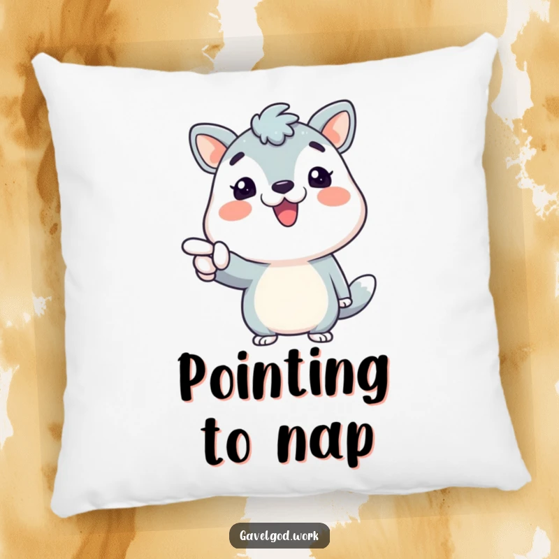 Soft, funny pillow featuring an animal character with a broad smile, pointing enthusiastically, perfect for cozy smiles.