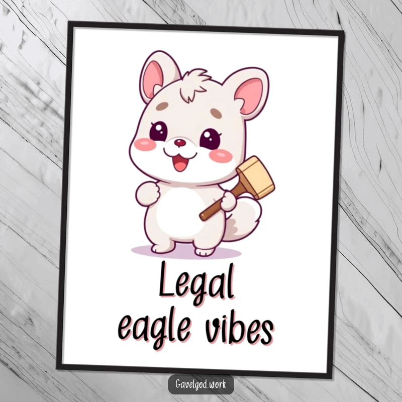 High-resolution funny digital art print of a cute animal character holding a tiny gavel with a cheerful expression, for decor.