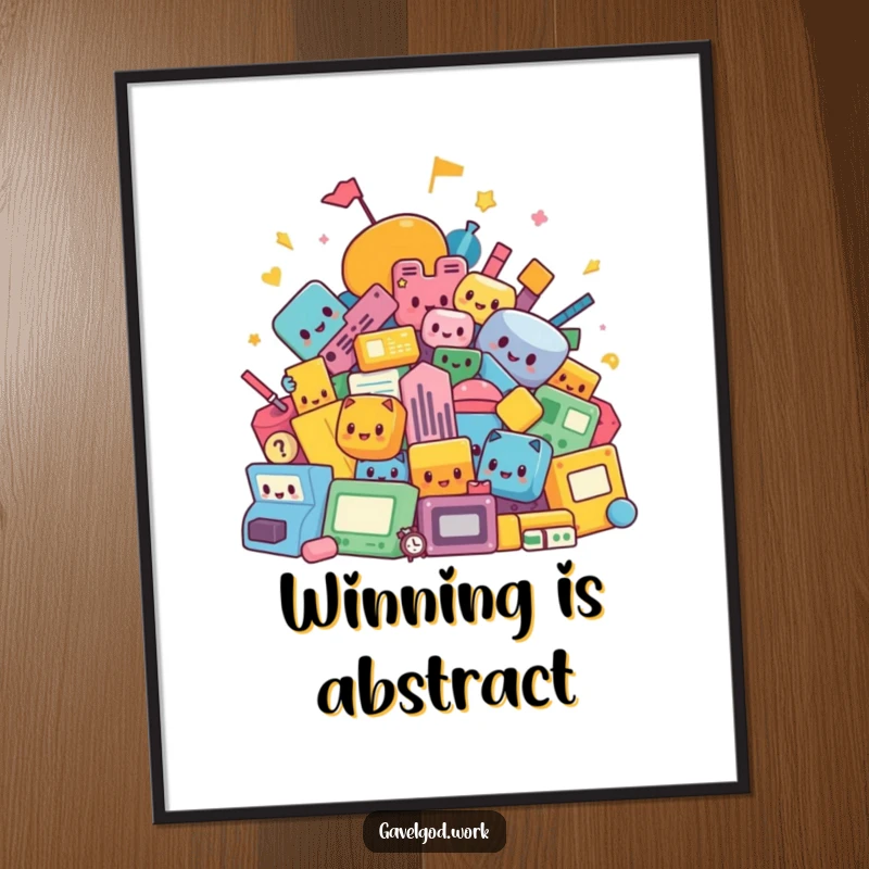 Funny kawaii auction shapes digital art print, showcasing a dynamic and colorful abstract pile of items, ideal for wall decor.