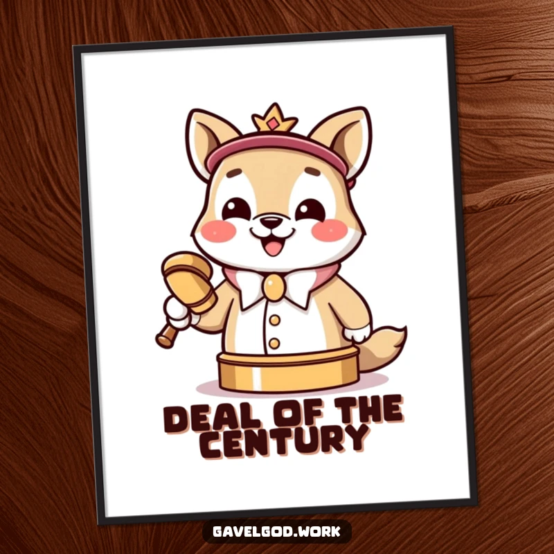 Funny Kawaii animal auctioneer digital art print, a cheerful auctioneer grinning and slamming a tiny gavel.