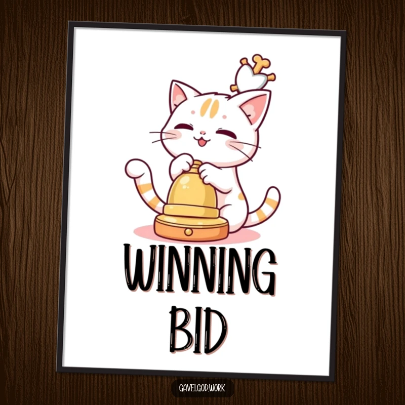 Funny Kawaii cat character playfully batting at a dangling auction bell, downloadable art for a humorous and charming effect.