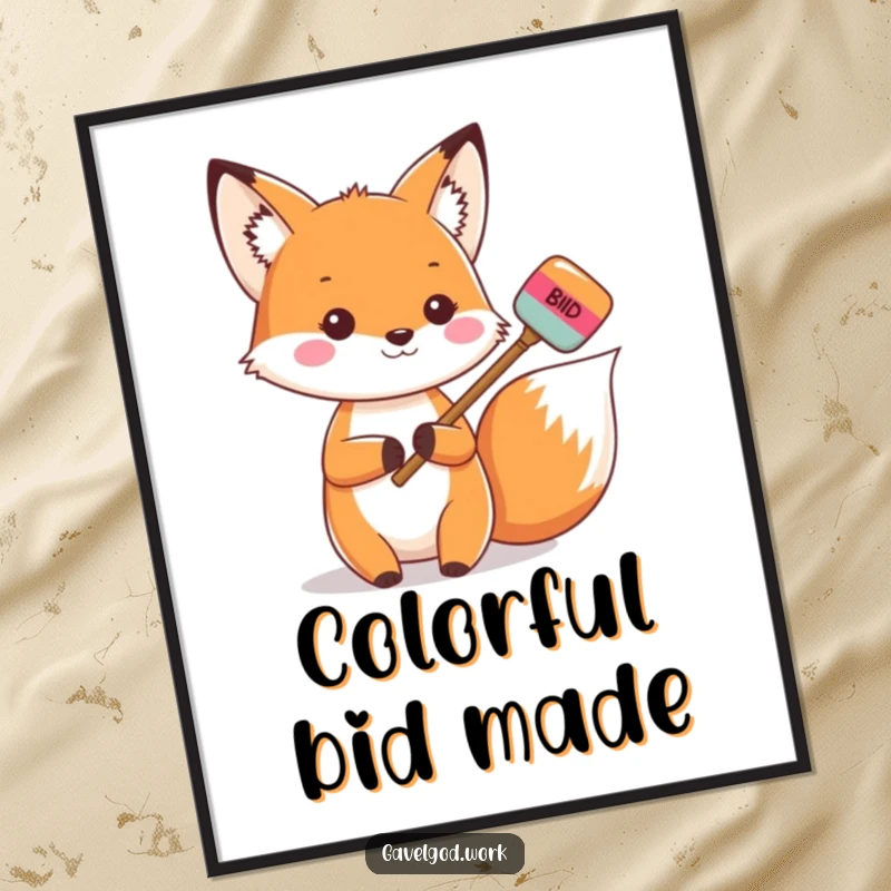 Funny Kawaii Fox Digital Art: A fox holds a bidding paddle, ready to bid, printable humorous illustration.