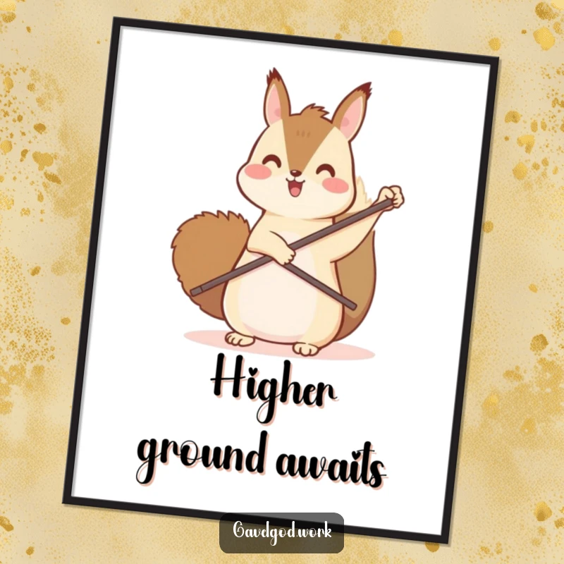 Funny kawaii squirrel digital art print of a happy squirrel energetically pointing upwards with a tiny paddle, symbolizing success.
