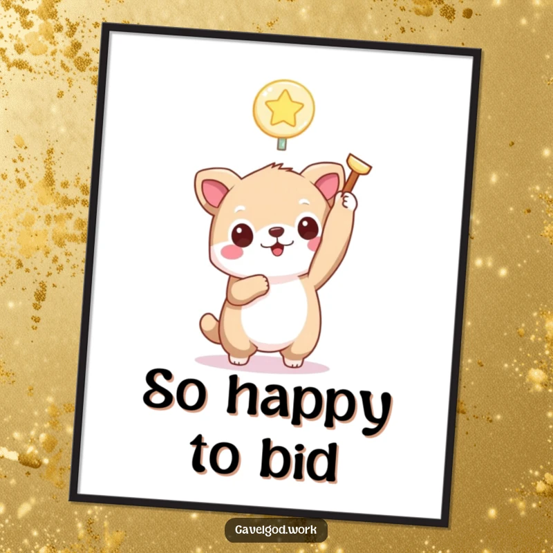 Funny kawaii animal digital art print showing a cute character holding a tiny, glowing bidding paddle aloft, perfect for auction decor.
