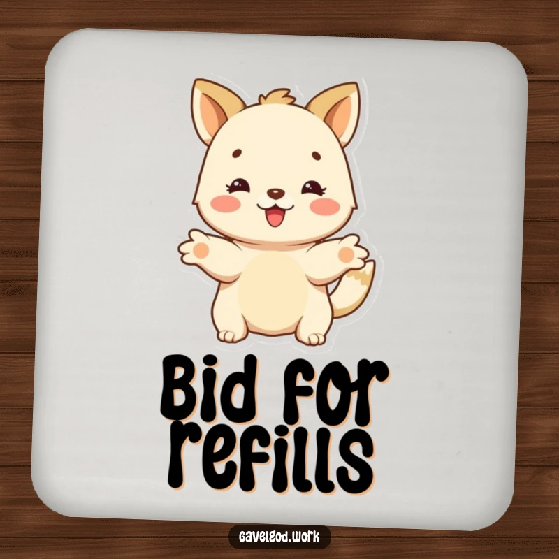 Funny happy animal character with outstretched paws, offering a bid on a protective drink funny coaster, adding generosity.