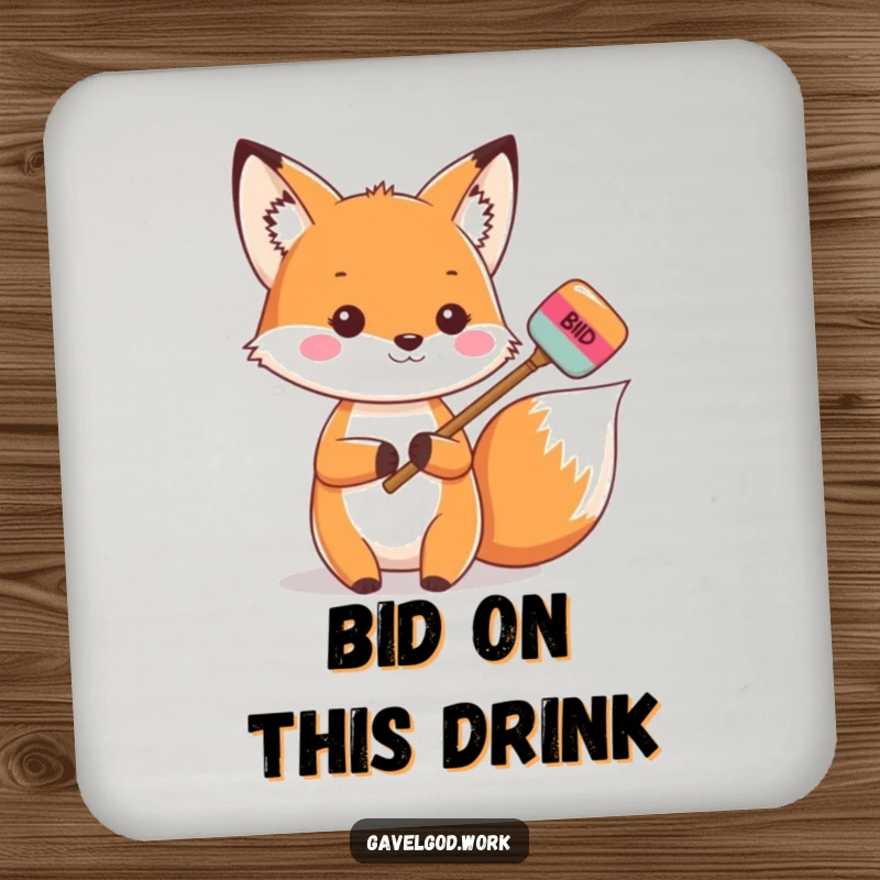 Funny Kawaii Fox Drink Coaster: A fox holds a bidding paddle, ready to bid, humorous coaster for tables.