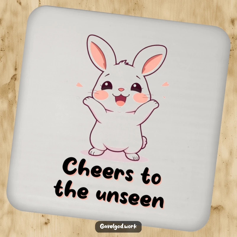 Funny kawaii rabbit drink coaster featuring a cute rabbit wiggling with excitement, adding a playful touch to any table.