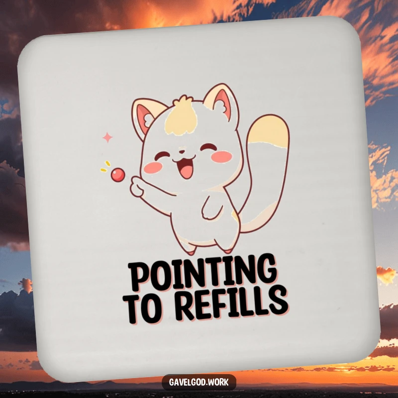 Funny kawaii animal drink coasters with a cute character pointing excitedly at an imaginary object, bringing whimsical protection to tables.