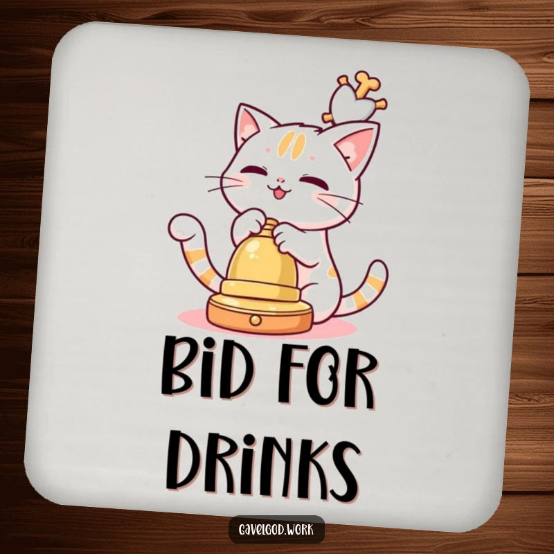 Funny Kawaii cat character playfully batting at a dangling auction bell, a humorous coaster for surface protection.