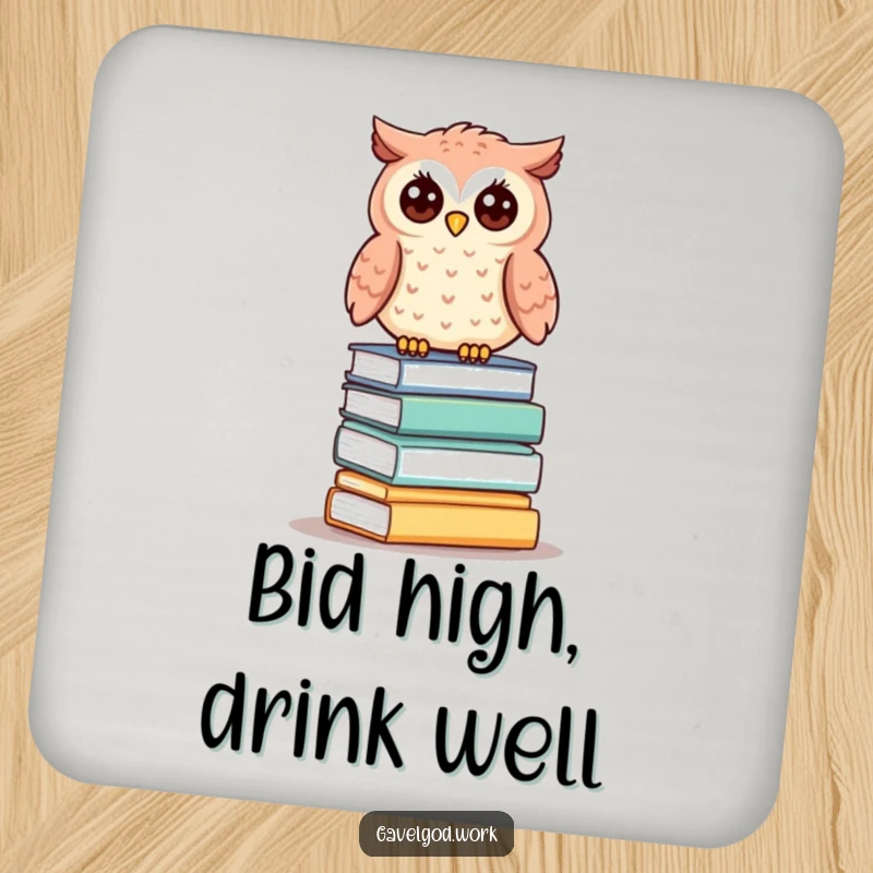Funny kawaii owl drink coaster featuring a cute owl perched on small auction lots, adding a wise touch.