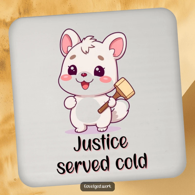 Funny cute animal character holding a tiny gavel on a protective drink funny coaster, adding courtroom charm.