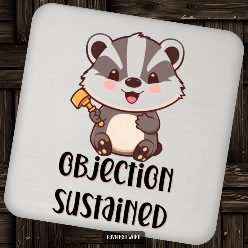 Funny Kawaii Badger Drink Coaster: A badger holds a gavel, beaming with pride, humorous coaster for tables.