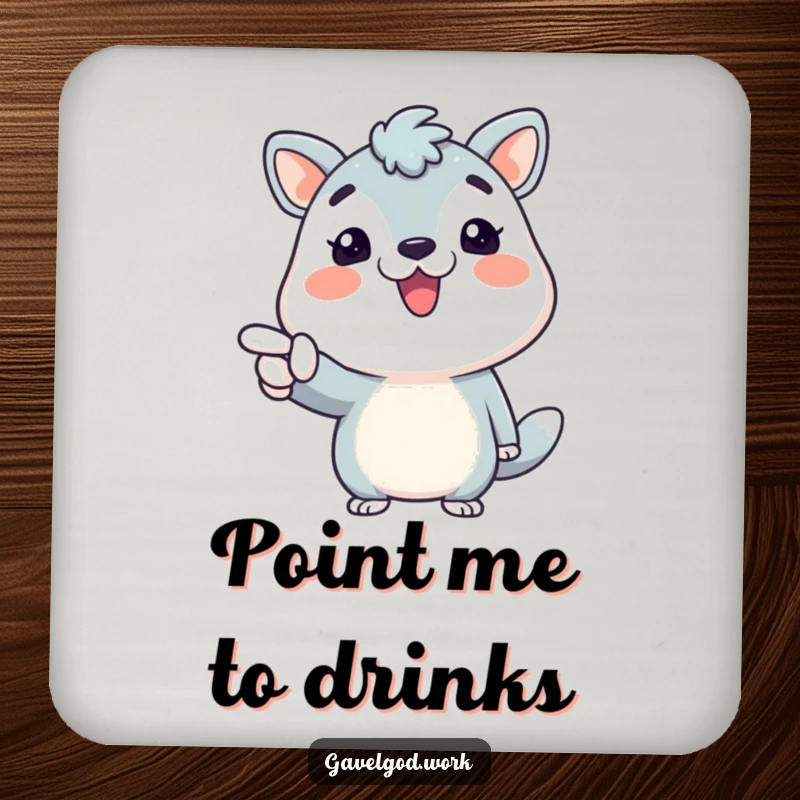 Funny animal character with a broad smile, pointing enthusiastically on a protective drink funny coaster, adding cheer.