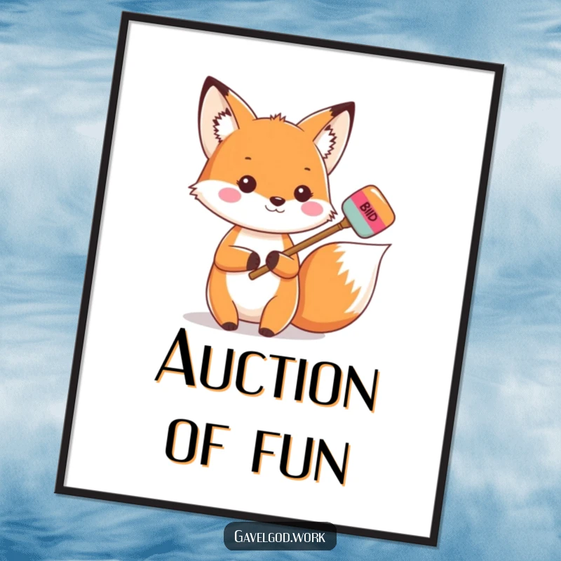 Funny Kawaii Fox Poster: A fox holds a colorful bidding paddle, ready to bid, humorous wall art.