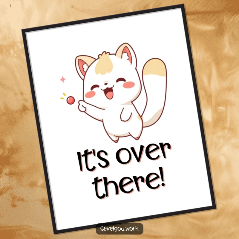 Funny kawaii animal poster featuring a cute character pointing with excitement towards an imaginary object, adding whimsical decor.